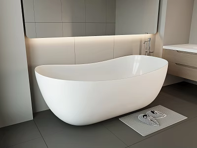 Modern White Freestanding Bathtub In Bathroom Interior With Gray Wall Tiles And Floor Mat 3d model
