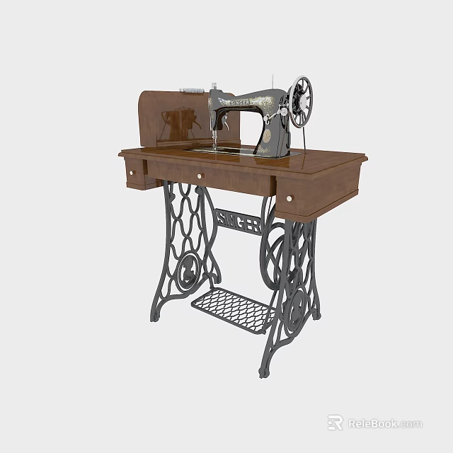 Vintage Industrial Sewing Machine on Wooden Table with Metal Frame Design 3d model 