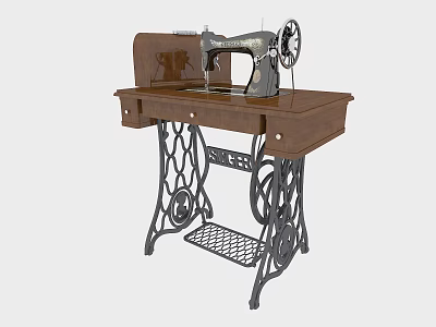 Vintage Industrial Sewing Machine on Wooden Table with Metal Frame Design 3d model