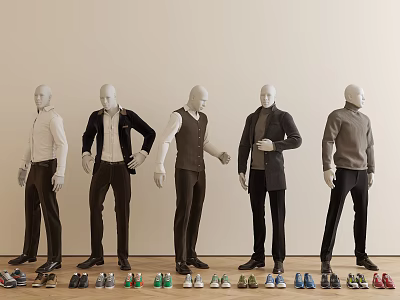 Male Mannequins In Various Outfits With Different Poses And Shoes Displayed Below 3d model