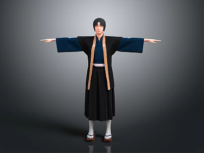 Man In Traditional Black And Blue Robe With Arms Outstretched Against Neutral Gray Background 3d model