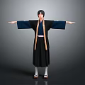 Man In Traditional Black And Blue Robe With Arms Outstretched Against Neutral Gray Background