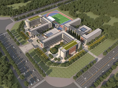 Modern School Campus Buildings With Green Roofs Sports Field And Surrounding Trees 3d model