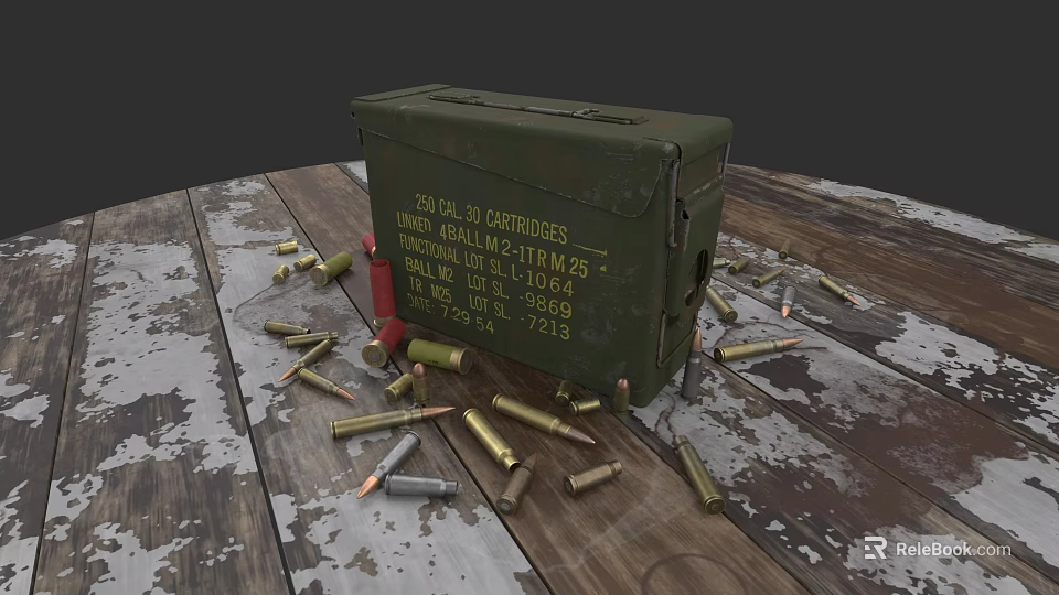 Green Military Ammunition Box With Scattered Bullets And Shells On Wooden Table 3d model 