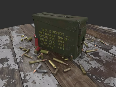 Green Military Ammunition Box With Scattered Bullets And Shells On Wooden Table 3d model
