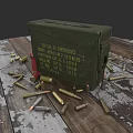 Green Military Ammunition Box With Scattered Bullets And Shells On Wooden Table