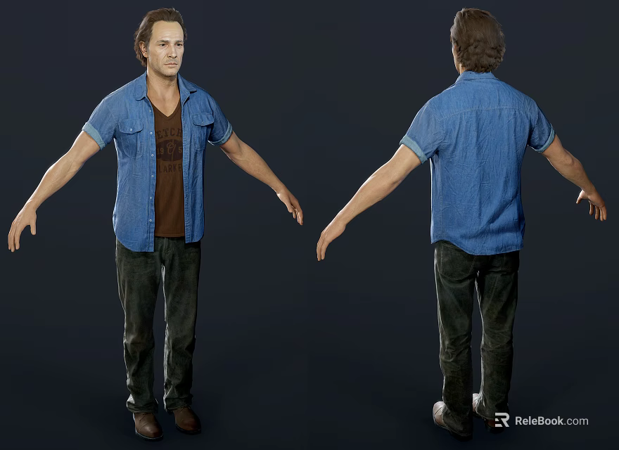 Male Figure In Short Sleeved Denim Shirt Brown T Shirt Dark Pants Front Back Views 3d model 