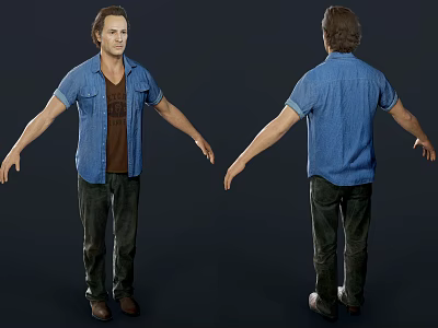 Male Figure In Short Sleeved Denim Shirt Brown T Shirt Dark Pants Front Back Views 3d model