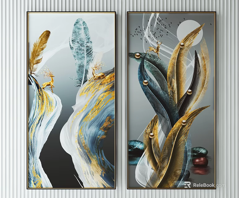 Modern Abstract Wall Art With Gold Blue Feathers And Deer Elements 3d model 