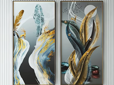 Modern Abstract Wall Art With Gold Blue Feathers And Deer Elements 3d model