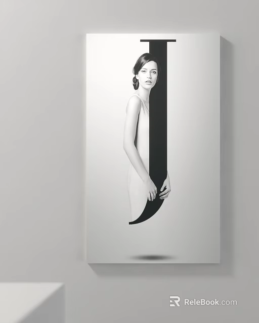 Elegant Female Portrait Painting in Black and White Dress with Minimalist Background 3d model 