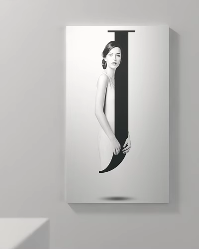 Elegant Female Portrait Painting in Black and White Dress with Minimalist Background 3d model