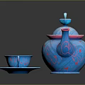 Blue Teapot With Pink Decorations And Matching Teacup Saucer Heart Patterns
