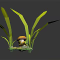 Mushroom Shaped Game Movie Character With Long Green Grass And Small Stones On Green Platform