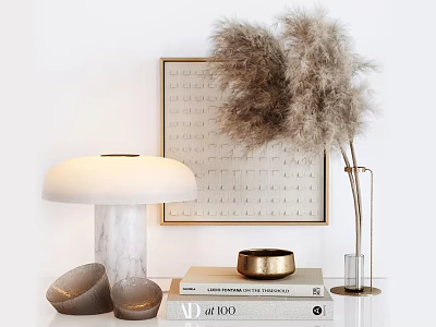 Modern Decorative Accessories Set With Marble Lamp Golden Art Pampas Grass Brass Bowl And Books 3d model