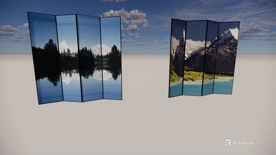 Decorative Screens Displaying Lake Reflection Trees And Snow Mountain Grassland 3d model 