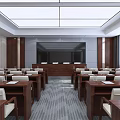 Spacious Conference Room Interior With Neatly Arranged Tables Chairs Front Large Screen And Windows