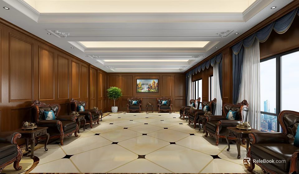 Hotel Public Lounge Area With Wooden Panel Walls Dark Leather Furniture And Marble Floor Tiles 3d model 