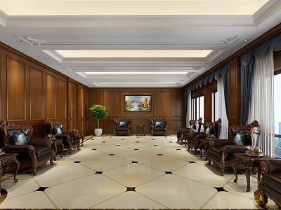 Hotel Public Lounge Area With Wooden Panel Walls Dark Leather Furniture And Marble Floor Tiles 3d model