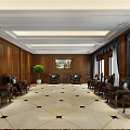 Hotel Public Lounge Area With Wooden Panel Walls Dark Leather Furniture And Marble Floor Tiles
