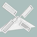 Wooden Windmill Shaped Architectural Component with Symmetrical Blades and Grille Design and Circular Center Structure