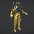 Game Movie Character In Yellow Protective Suit With Gas Mask And Backpack Gear