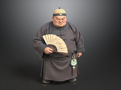 Man in Traditional Chinese Clothing Wearing Hat Holding Fan and Green Pendant 3d model