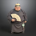 Man in Traditional Chinese Clothing Wearing Hat Holding Fan and Green Pendant