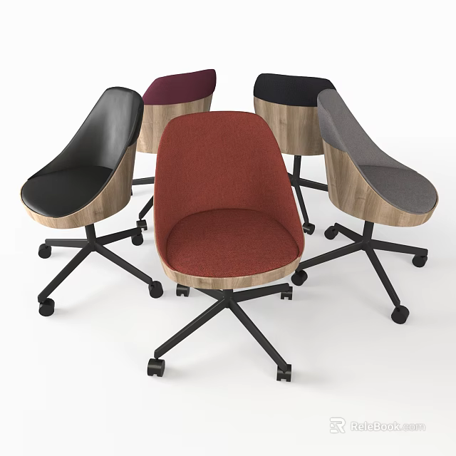 Office Chairs Upholstered In Multiple Colors With Wooden Details And Wheeled Base 3d model 