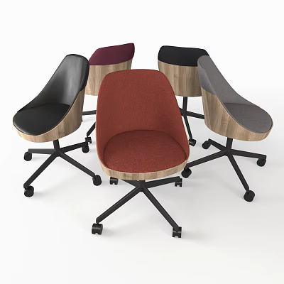 Office Chairs Upholstered In Multiple Colors With Wooden Details And Wheeled Base 3d model