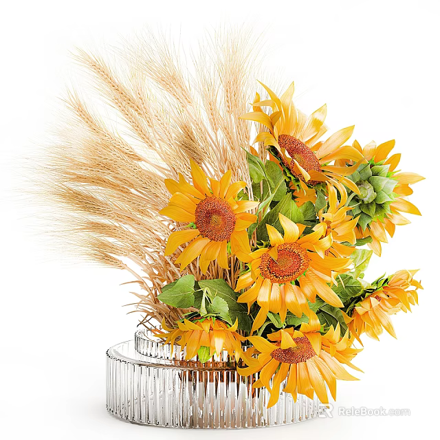 Decorative Glass Vase With Vibrant Sunflowers And Wheat Stalks Arrangement 3d model 
