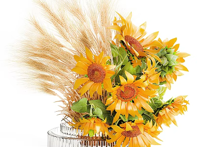 Decorative Glass Vase With Vibrant Sunflowers And Wheat Stalks Arrangement 3d model