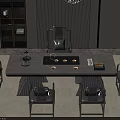 Modern Tea Table and Grey Upholstered Chairs with Marble Top and Tea Set 3d model