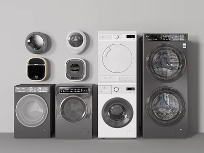 Modern Front Loading Washing Machines In White And Gray Various Designs 3d model