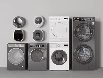 Modern Front Loading Washing Machines In White And Gray Various Designs 3d model