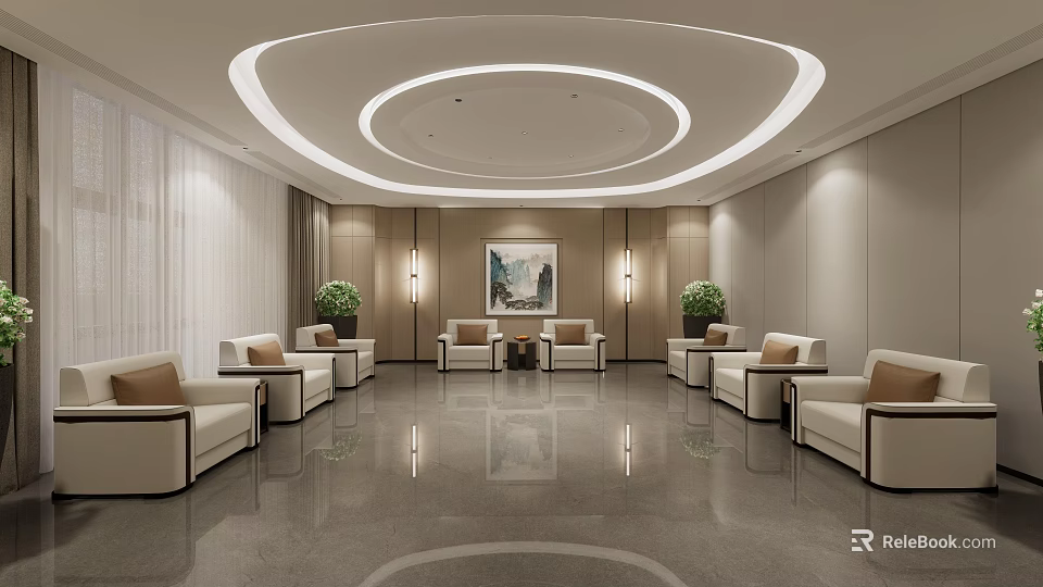 Hotel Public Lounge Interior With Modern Circular Ceiling Lighting Comfortable Sofas Armchairs And Decorative Painting 3d model 