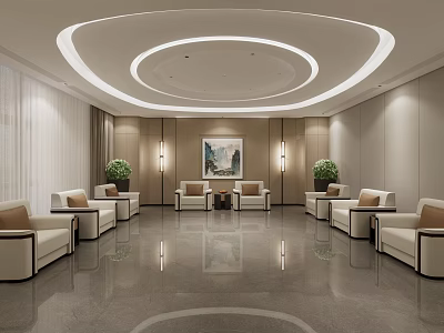Hotel Public Lounge Interior With Modern Circular Ceiling Lighting Comfortable Sofas Armchairs And Decorative Painting 3d model