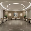 Hotel Public Lounge Interior With Modern Circular Ceiling Lighting Comfortable Sofas Armchairs And Decorative Painting