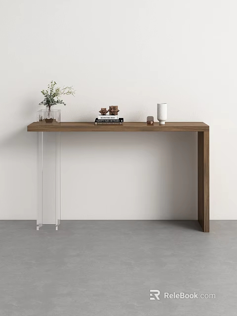 Minimalist Wooden Console Table With Transparent Legs Green Plant Books And Vase 3d model 
