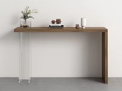 Minimalist Wooden Console Table With Transparent Legs Green Plant Books And Vase 3d model