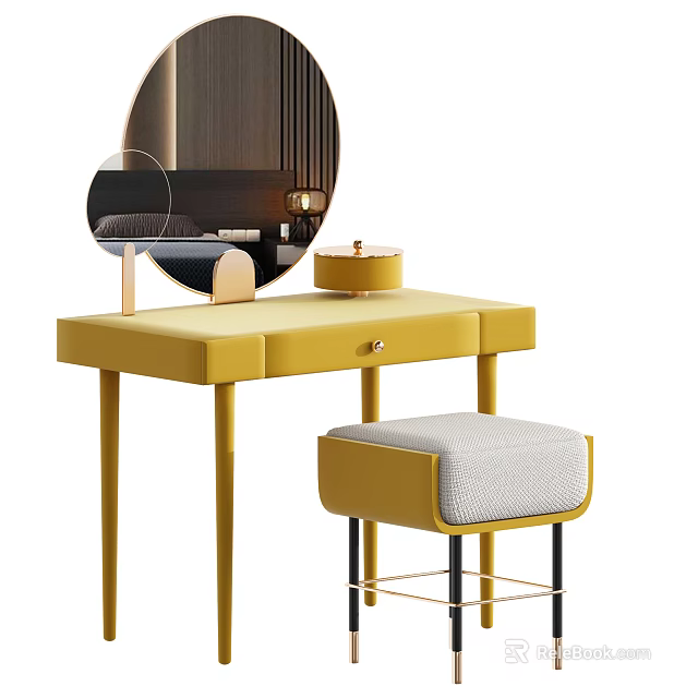 Modern Yellow Dressing Table Interior Design With Round Mirror And Matching Stool 3d model