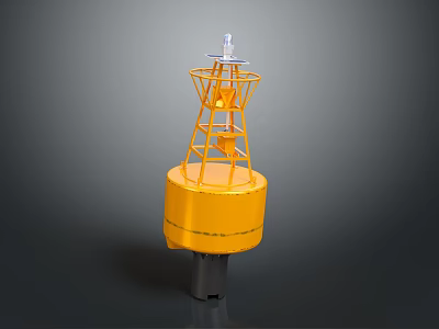Yellow Marine Navigation Buoy with Orange Metal Frame and White Top Light 3d model