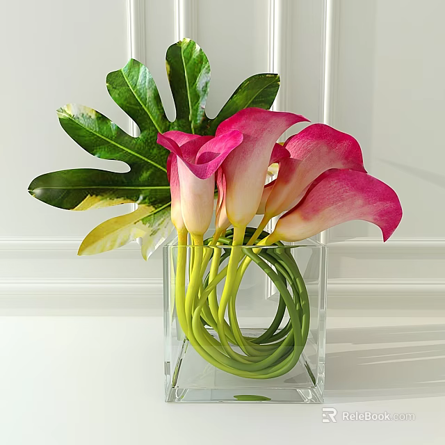 Bonsai Potted Plant With Pink Calla Lilies Green Leaves In Transparent Square Vase 3d model 