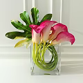Bonsai Potted Plant With Pink Calla Lilies Green Leaves In Transparent Square Vase