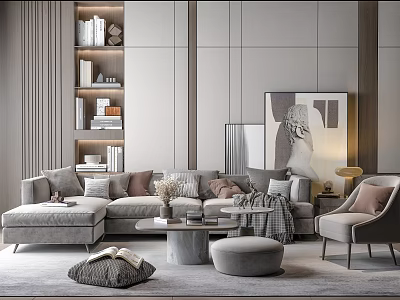 Modern Gray Fabric Sofa Coffee Table Set With Throw Pillows Ottoman And Wall Art 3d model