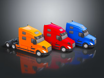 Three Colorful Trucks in Orange Red Blue Lined Up with Shiny Reflections 3d model