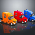 Three Colorful Trucks in Orange Red Blue Lined Up with Shiny Reflections