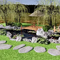 Lush Garden Water Fountain with Lily Pads Stone Path and Willow Trees