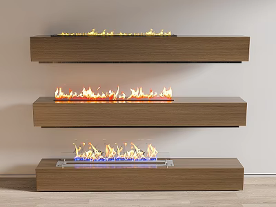Three Hanging Wooden Fireplaces With Burning Flames Mounted Vertically On Wall 3d model