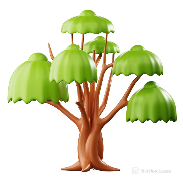 Decorative Stylized Arbor With Brown Trunk Multiple Branches And Green Rounded Canopy 3d model 